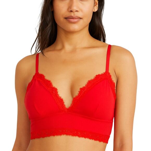 Aerie Ribbed Eyelash Lace Trim Longline Bralette Chilly Red NWT Size Medium - Picture 1 of 7